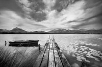 Hopfensee dans l'Allgäu avec un beau ciel nuageux en noir et blanc