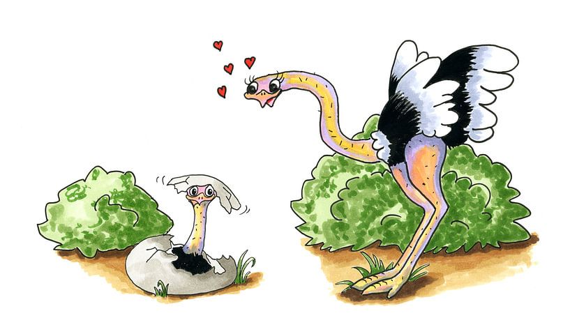 Cartoon of hand drawn Ostrich with baby in egg isolated over white background by Ivonne Wierink