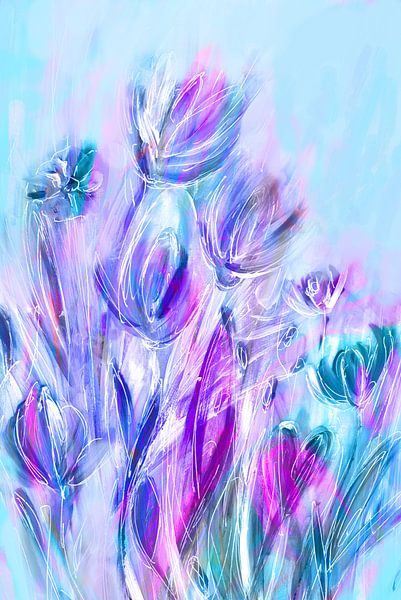 Power Bloemen Roze Blauw Turquoise van Claudia Gründler