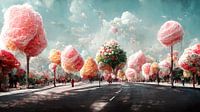 Une rue avec des arbres en barbe à papa et des bonbons par une belle journée d'été