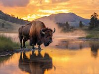 Bizon bij een meer bij zonsondergang in een prachtig landschap