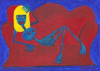 Blue nude on red sofa