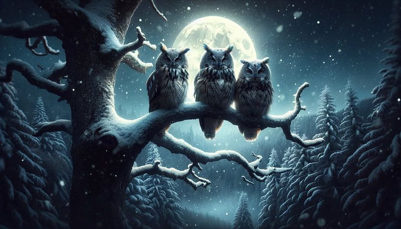 Moonlit night watch: owl trio in the winter forest by artefacti