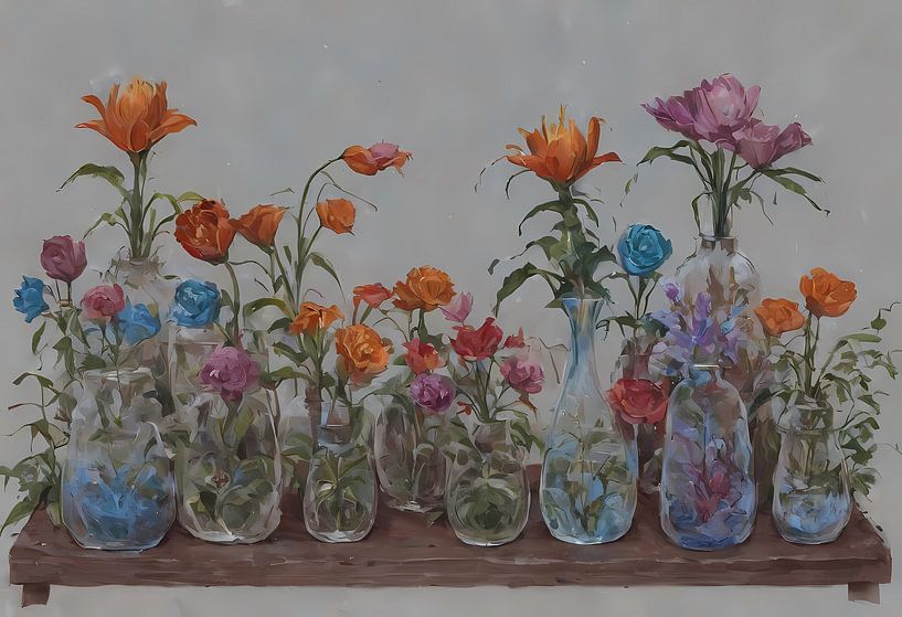 colourful flowers in glass vases by Sanne den Engelsman