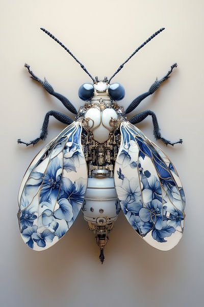 Mechanische Insektenkunst im Delfter Blau-Stil von Digitale Schilderijen
