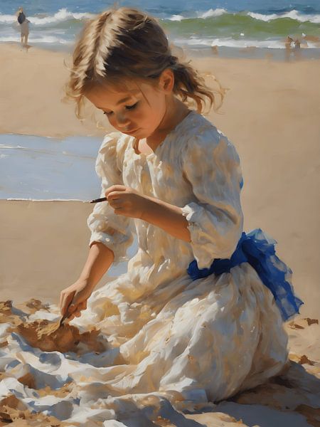 Une petite fille joue avec le sable sur la plage. par Jolique Arte