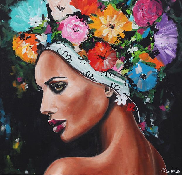 Frau mit Girlande von Vrolijk Schilderij