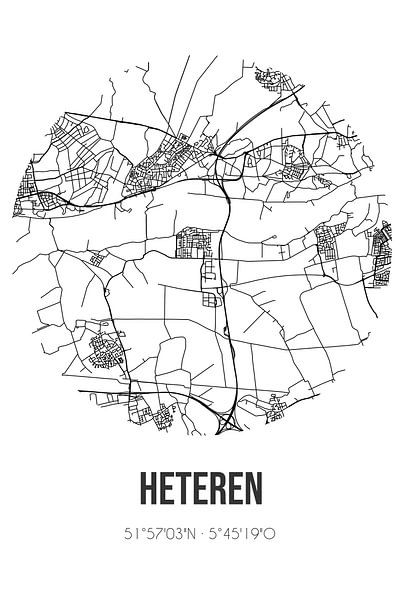Heteren (Gueldre) | Carte | Noir et blanc par Affiches de lieux