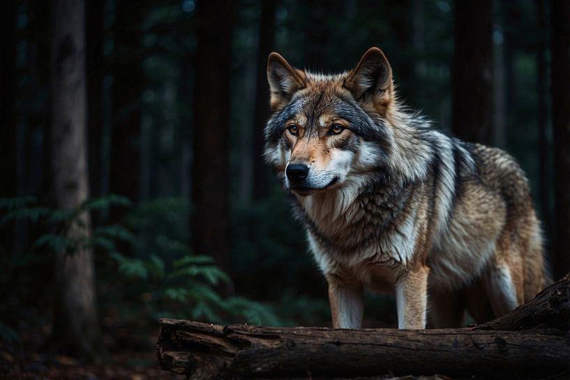 Beautiful wolf in a dark forest by Art & Soul Creations