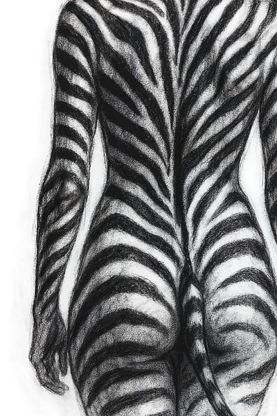 Schwarz-weiß gestreiftes Zebra, weiblicher Körper (AI) (Bodypainting, Akt, Gesäß, Rücken, Schwanz) von Natalie Bruns