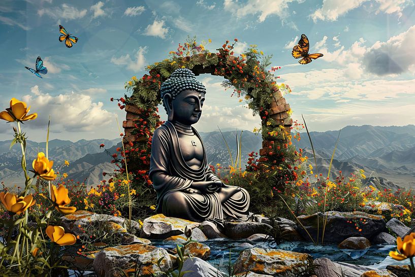 Meditative Buddha Amidst Floral Beauty by Art & Soul Creations