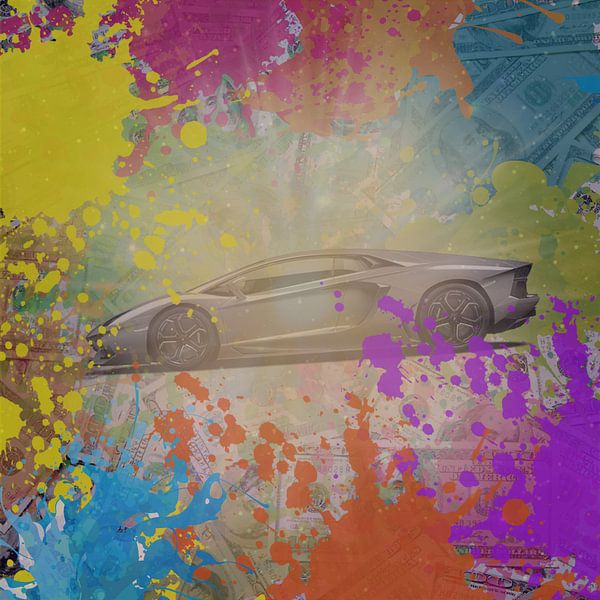 Modern ART Luxus - Farbklekse auf Lamborghini und Geld von ADLER & Co / Caj Kessler