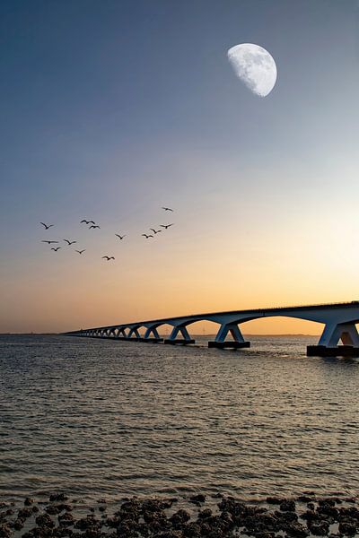 The Zeeland Bridge at sunrise by Gert Hilbink
