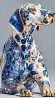 Hund in Delfter Blau und Gold auf weißem Marmorgrund