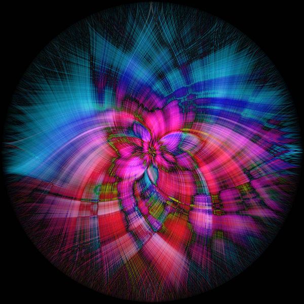 Abstrakte Figur mit blau und rosa auf schwarzem Hintergrund von Rietje Bulthuis