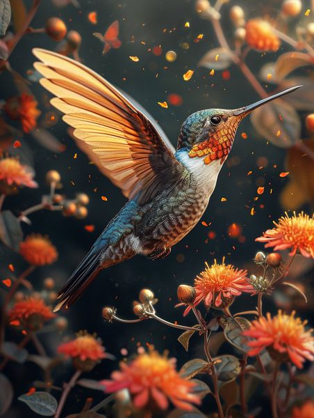 Fluoreszierender Flug - Bezaubernder Kolibri in Blüte von Eva Lee