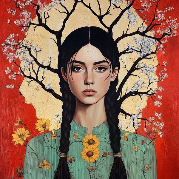 Weibliche Stärke und Naturverbundenheit in einem symbolischen Porträt von Color Square