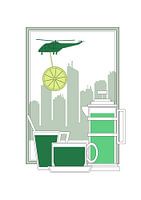 Grüner Tee, Helikopter und Stadtsilhouette