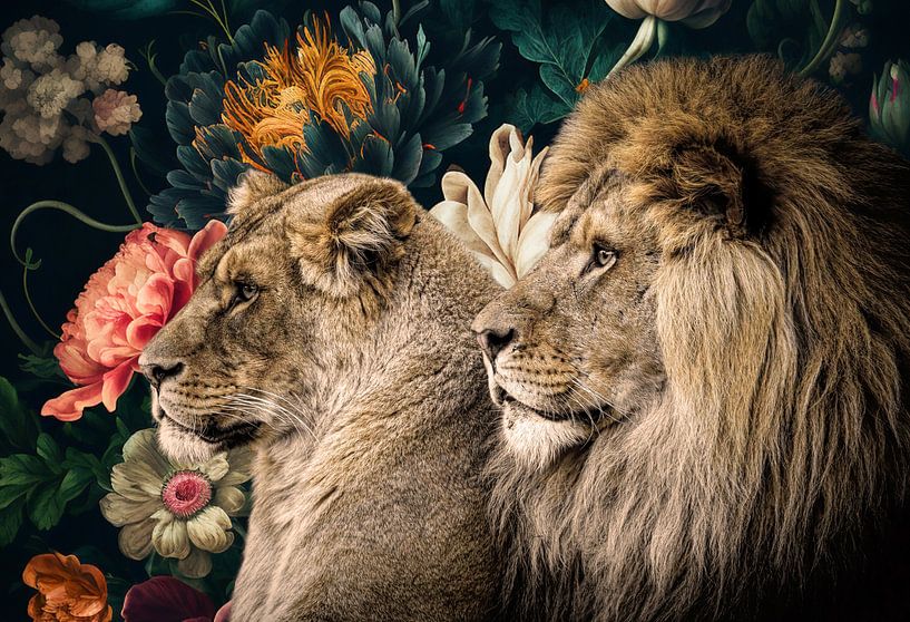 Beautiful lion couple in flowers by By Marjolein Design