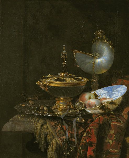 Pronk-Stillleben mit Holbein-Schale, Nautilus-Becher, Glaspokal und Obstschale, Willem Kalf von Meisterhafte Meister