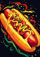 Leuchtend bunter Hotdog mit Toppings und Saucen