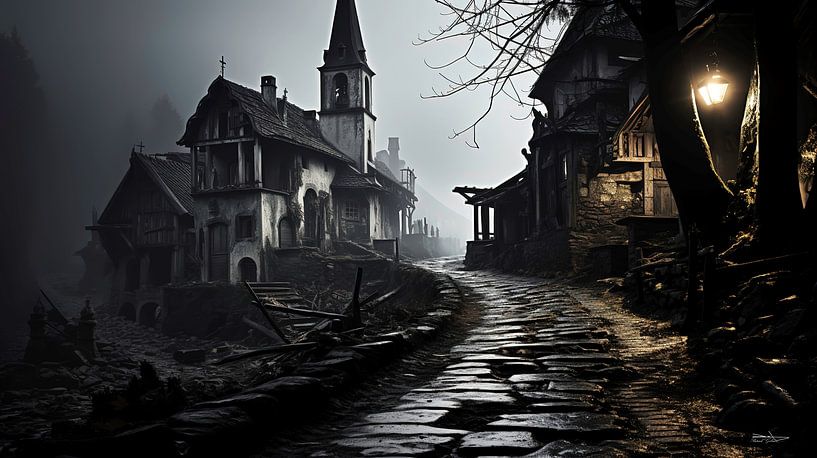 old building in black and white with dramatic light by Gelissen Artworks