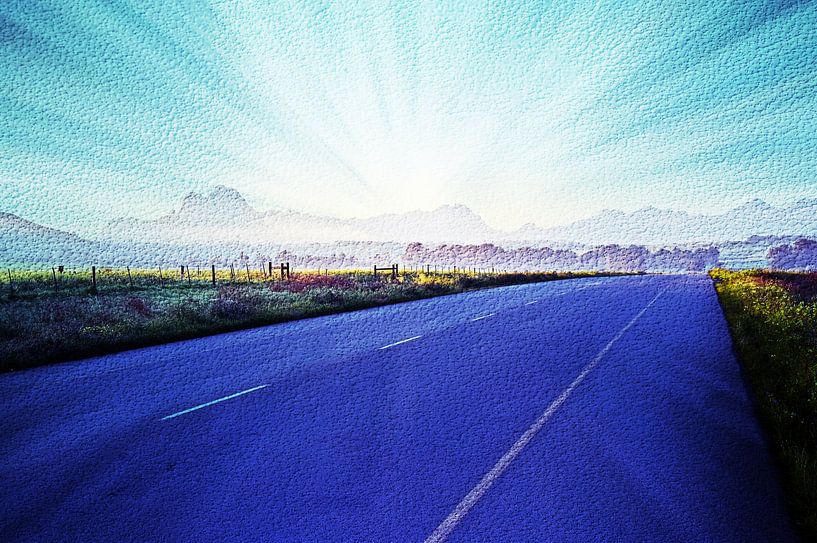 Mountains and a country road at sunrise mixed media by Werner Lehmann