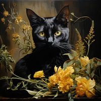 Chat noir et fleurs