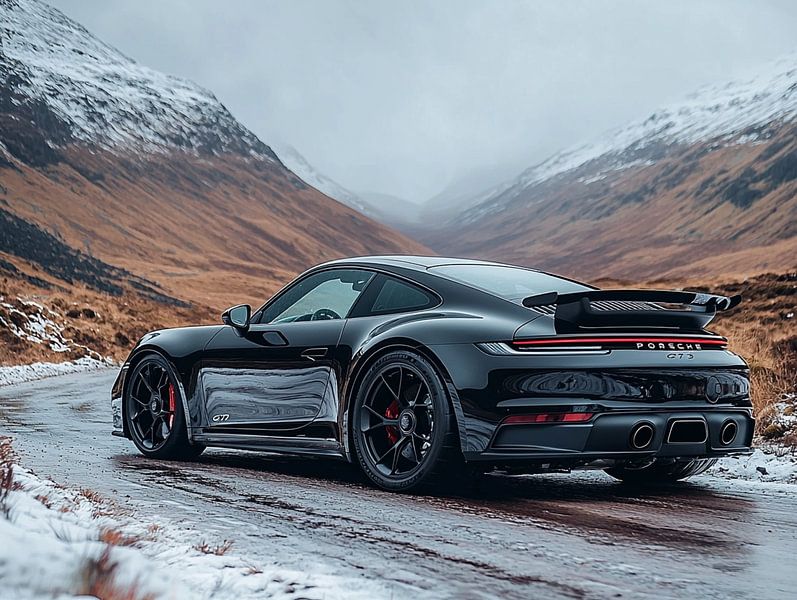 Porsche 911 GT3 noire dans les Highlands enneigés par Bianca Bakkenist