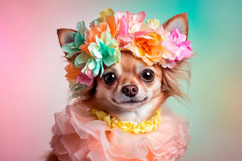 Chihuahua mit Blumenkranz und Rüschenkleid von Poster Art Shop