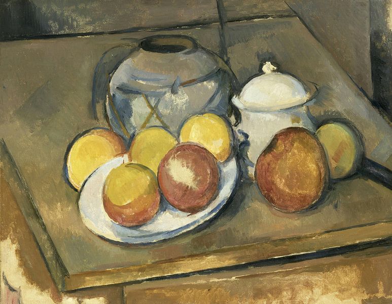 Strohbesetzte Vase, Zuckerdose und Äpfel, Paul Cézanne von Meisterhafte Meister