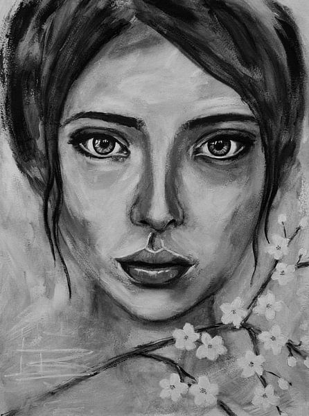 Portrait abstrait de femme avec des fleurs de cerisier en noir et blanc par Bianca ter Riet