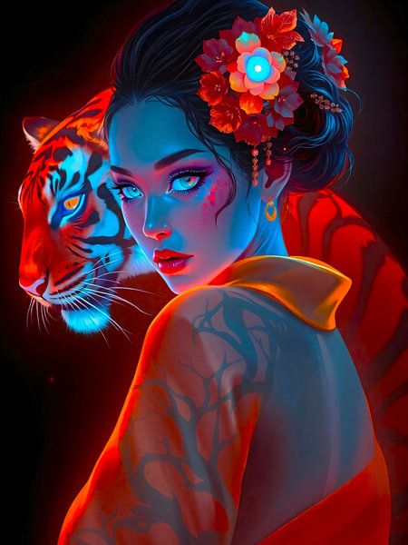Geisha et tigre - Illustration néon par A.D. Digital ART