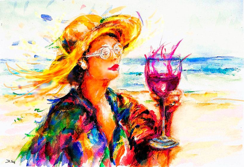 Portrait d'une femme joyeuse et colorée. Aquarelle peinte à la main. par Ineke de Rijk