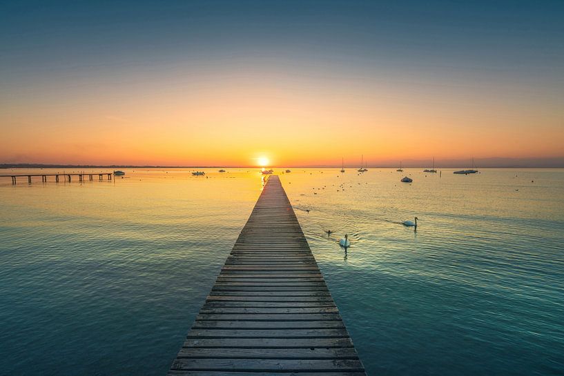 Lake Garda, jetty and swans at sunset. Lazise, Italy by Stefano Orazzini