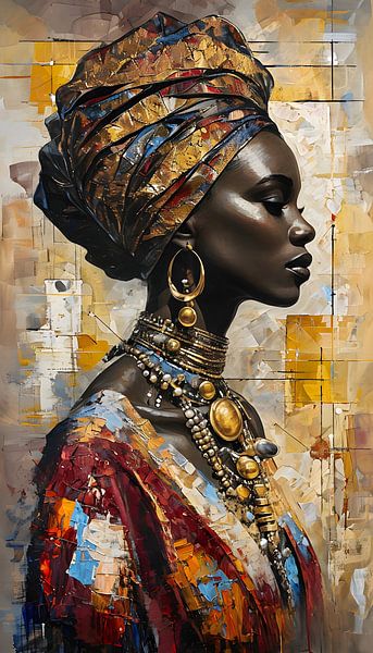 Woman in profile with ornate headscarf and jewellery by Ljupka Kareska