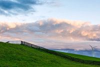Polderlandschaft mit Zaun und Windkraftanlagen
