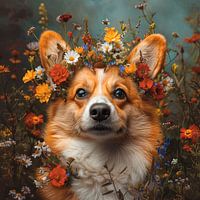 Corgi avec des fleurs sauvages