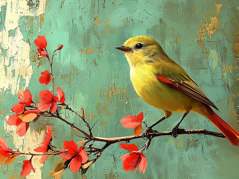 Oiseau sur une branche fleurie par Bianca Bakkenist