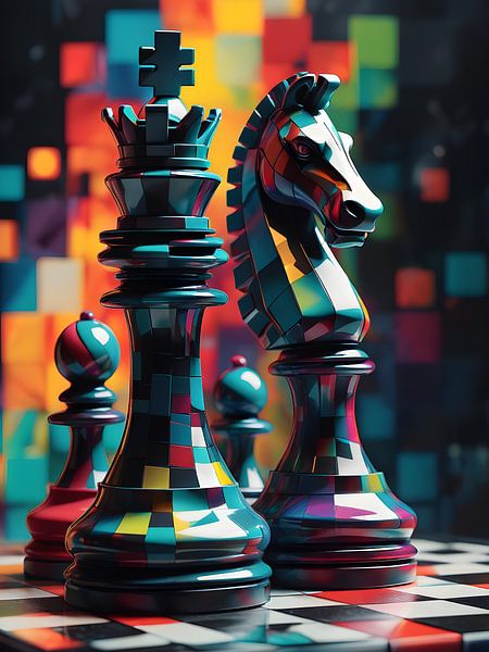 Kubistische Schachfiguren in lebenden Farben von Bart Veeken