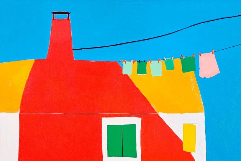 Colourful house landscape with washing line by Poster Art Shop
