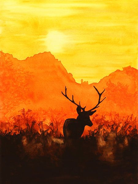 Rotwild in der Abendsonne (Aquarellmalerei Natur Wald Heide Berge Sonnenaufgang Sonnenuntergang gelb von Natalie Bruns