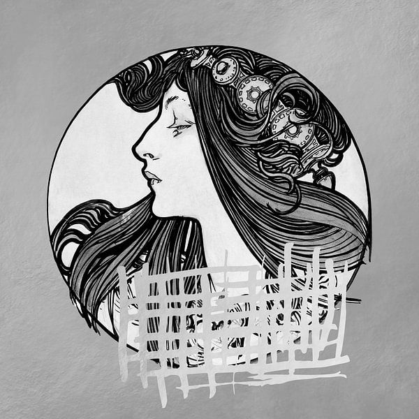 Portrait vintage d&#039;une jeune femme en noir et blanc. Style Art Nouveau par Dina Dankers