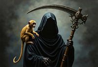 Sensenmann mit Sense und Affe