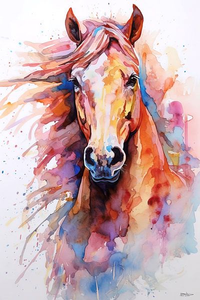 Abstraktes Farbaquarell eines Pferdes. von Gelissen Artworks
