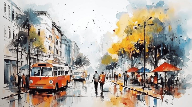 Abstract painting in the city with bus shopping mall people, house, street colour, watercolour art design by Animaflora PicsStock