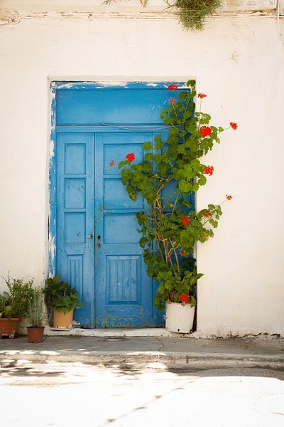 Porte bleue avec des fleurs à Ierapetra (Crète) par Laura V