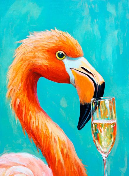 Flamant rose avec flûte à champagne œuvre d'art par Poster Art Shop