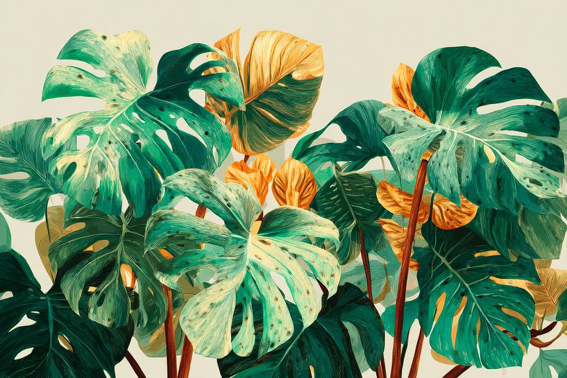 Monstera-Blätter Tropical Rhythm in Grün und Gelb von Eva Lee