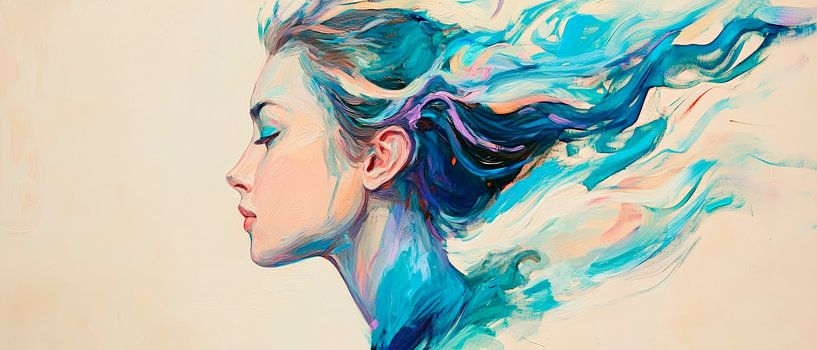 Frau mit fließendem Haar in Farbenmeer von Poster Art Shop